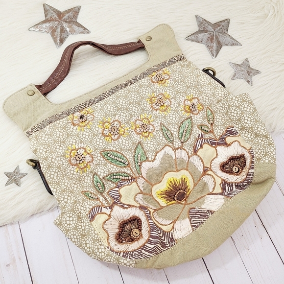 Fossil Handbags - Vintage Fossil beaded canvas bag floral raffia sage green large
